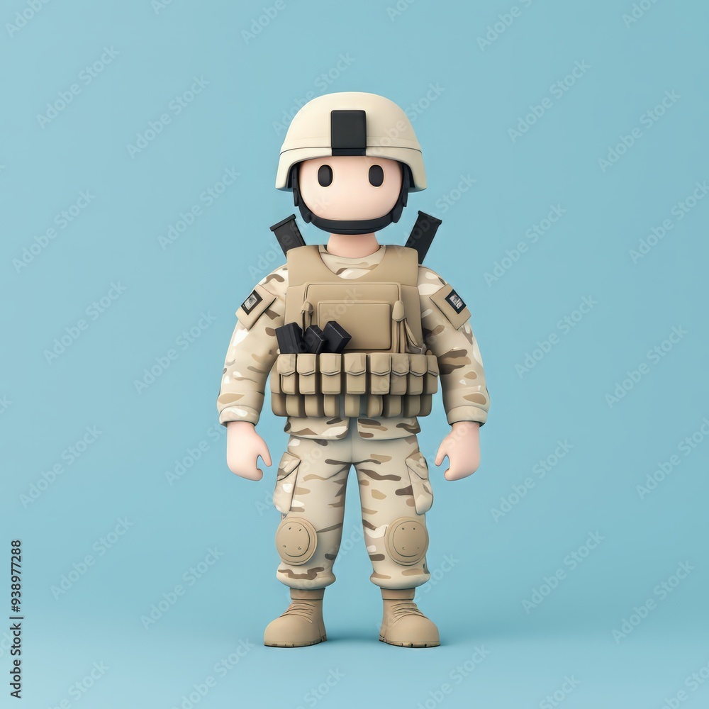 3D cartoon soldier in uniform with helmet on blue background, ideal for children's educational materials and animations. 3D cartoon soldier in uniform with helmet on blue background, ideal for children's educational materials and animations.