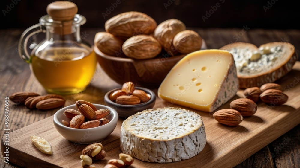 Appetizing cheese plate with fruits and nuts on a wooden board with honey Appetizing cheese plate with fruits and nuts on a wooden board with honey