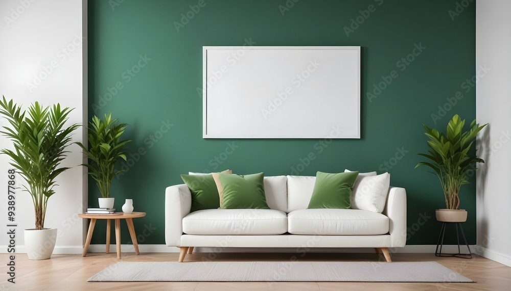 Interior mockup In a white room a blue sofa is placed next to a photo frame on the wall Interior mockup In a white room a blue sofa is placed next to a photo frame on the wall
