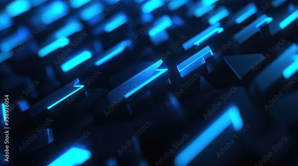 Abstract background with blue glowing arrows pointing upwards, representing growth and progress in technology or digital marketing. Abstract digital artwork with copy space. Abstract background with blue glowing arrows pointing upwards, representing growth and progress in technology or digital marketing. Abstract digital artwork with copy space.