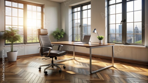 Unoccupied Desk With Rolling Chair Under Its Surface In A Well-Lit Room With Wooden Floors.