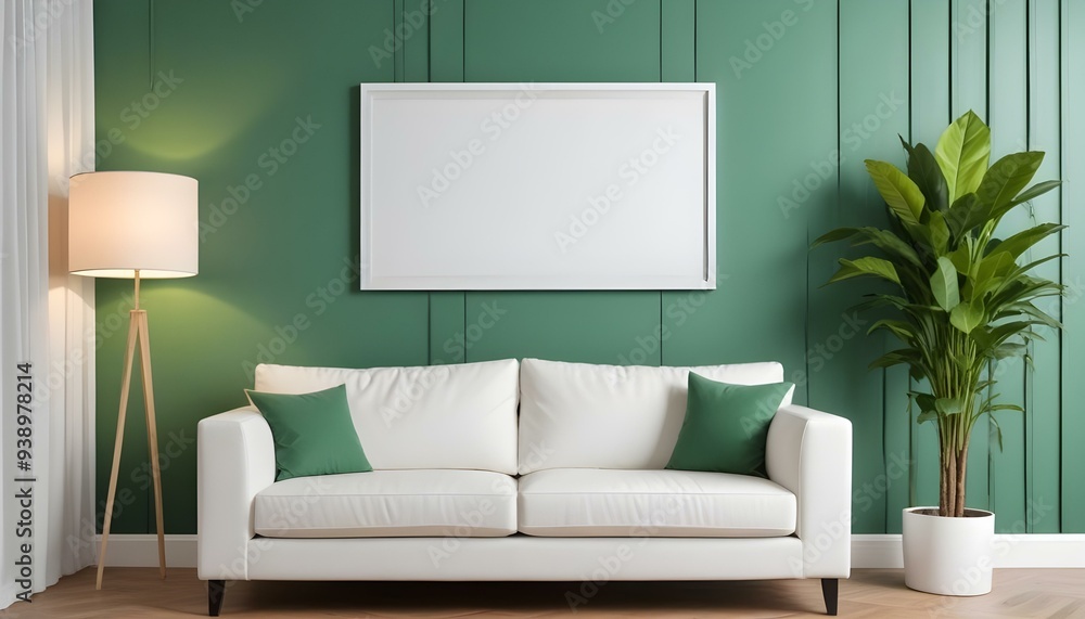 Interior mockup In a white room a blue sofa is placed next to a photo frame on the wall Interior mockup In a white room a blue sofa is placed next to a photo frame on the wall