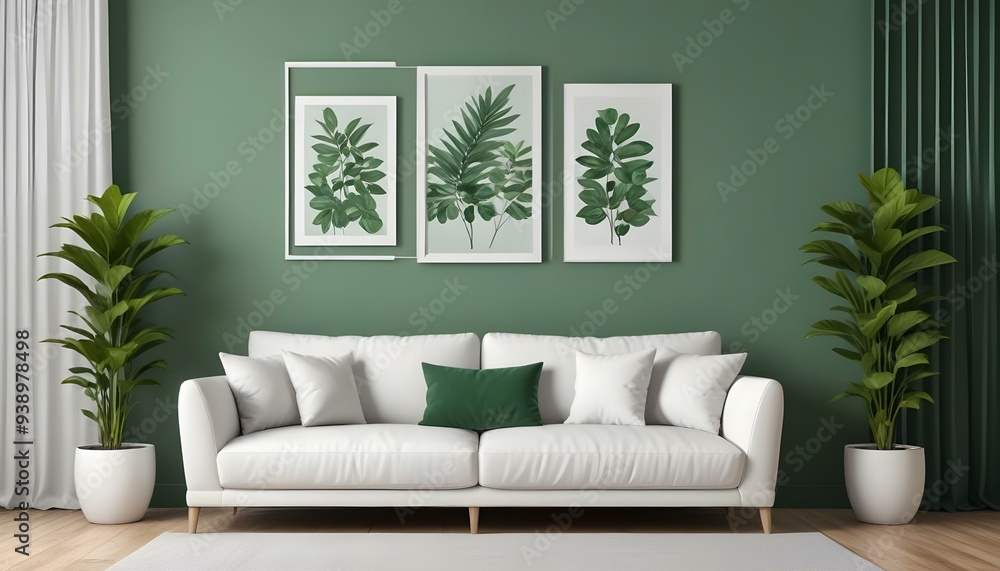 Interior mockup In a white room a blue sofa is placed next to a photo frame on the wall Interior mockup In a white room a blue sofa is placed next to a photo frame on the wall