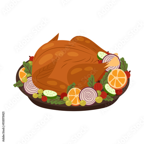 Roast poultry on a platter with oranges. Roast chicken, duck or turkey in flat style. A festive dish on a white background.