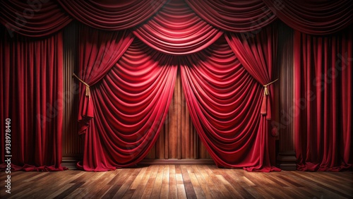 Velvet red theater curtains draped elegantly on a dimly lit stage with a subtle spotlight, creating a sophisticated and dramatic background for performances. photo