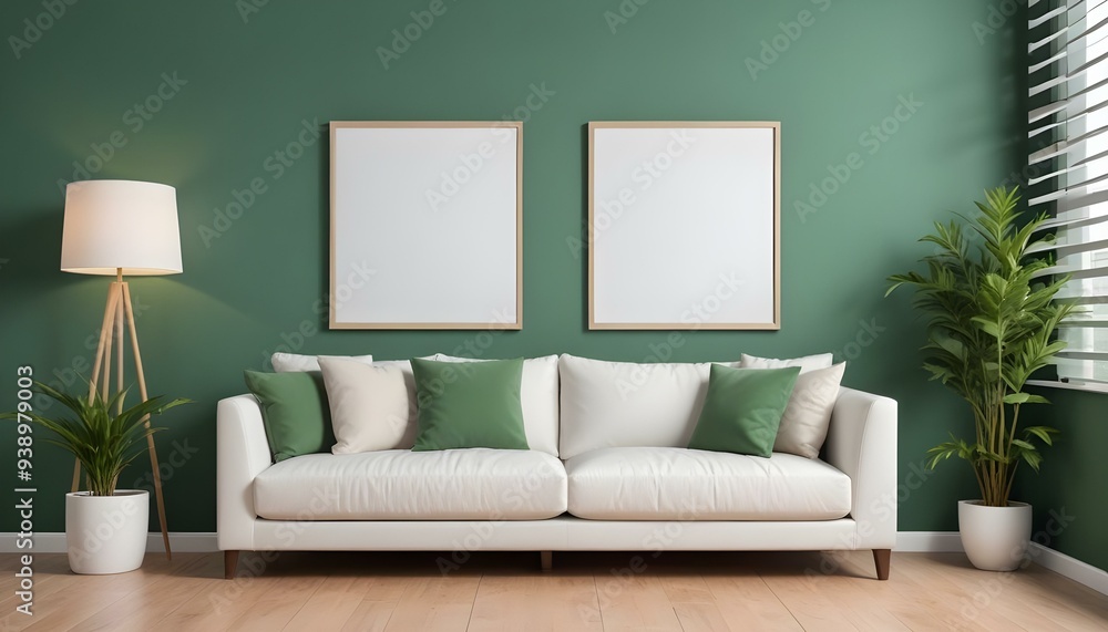 Interior mockup In a white room a blue sofa is placed next to a photo frame on the wall Interior mockup In a white room a blue sofa is placed next to a photo frame on the wall