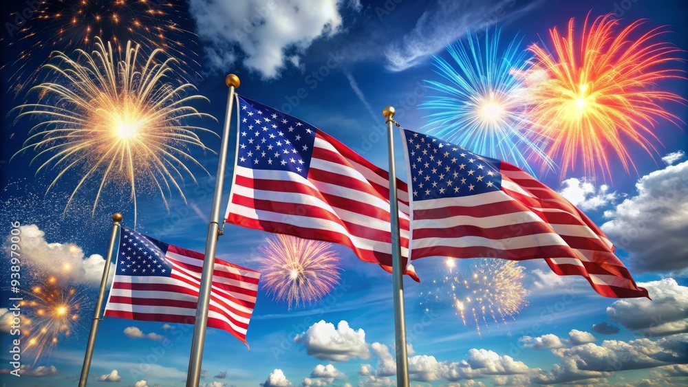 Vibrant American flags wave proudly against a bright blue sky with bursts of colorful fireworks and confetti, capturing the joy and excitement of Independence Day. Vibrant American flags wave proudly against a bright blue sky with bursts of colorful fireworks and confetti, capturing the joy and excitement of Independence Day.