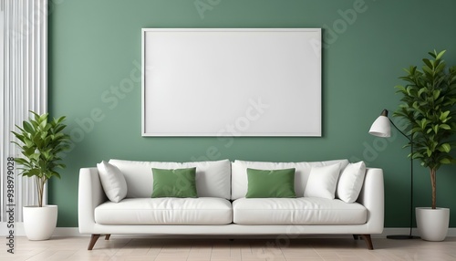 Interior mockup In a white room a blue sofa is placed next to a photo frame on the wall