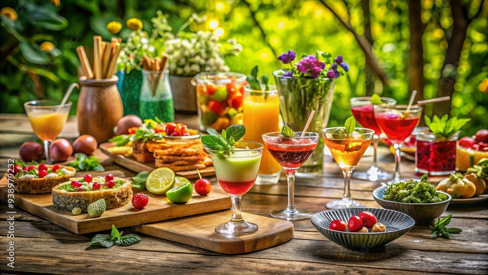Vibrant arrangement of colorful cocktails and appetizers on a rustic wooden table, surrounded by lush greenery, perfect for a summer outdoor gathering or party. Vibrant arrangement of colorful cocktails and appetizers on a rustic wooden table, surrounded by lush greenery, perfect for a summer outdoor gathering or party.