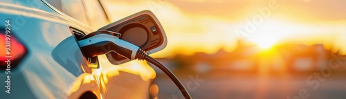 An electric vehicle charging at sunset, showcasing eco-friendly technology and sustainable energy solutions in modern transportation.