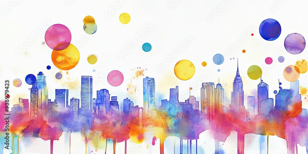 custom made wallpaper toronto digitalVibrant Watercolor City Skyline with Colorful Dots
