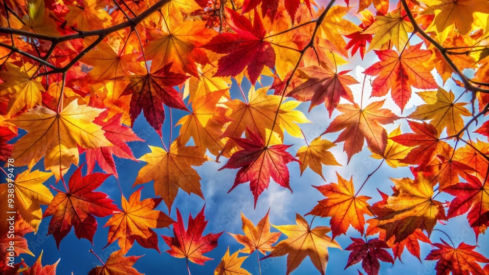 Vibrant Autumn Leaves In Hues Of Orange, Red, And Yellow Create A Mesmerizing Pattern Against A Clear Sky. Vibrant Autumn Leaves In Hues Of Orange, Red, And Yellow Create A Mesmerizing Pattern Against A Clear Sky.