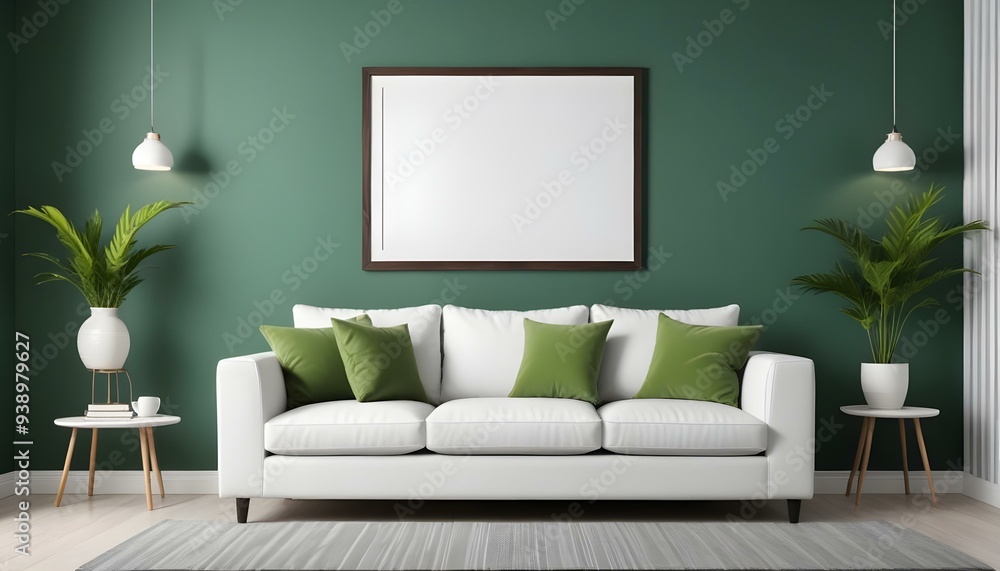 Interior mockup In a white room a blue sofa is placed next to a photo frame on the wall Interior mockup In a white room a blue sofa is placed next to a photo frame on the wall