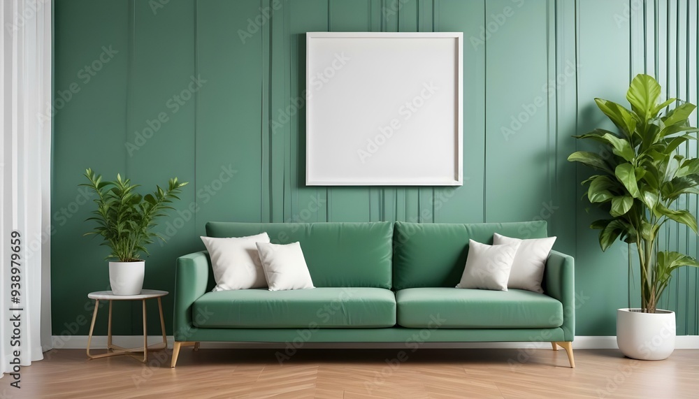 Interior mockup In a white room a blue sofa is placed next to a photo frame on the wall Interior mockup In a white room a blue sofa is placed next to a photo frame on the wall