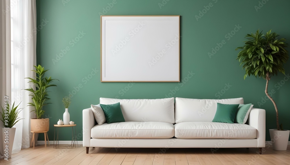 Interior mockup In a white room a blue sofa is placed next to a photo frame on the wall Interior mockup In a white room a blue sofa is placed next to a photo frame on the wall