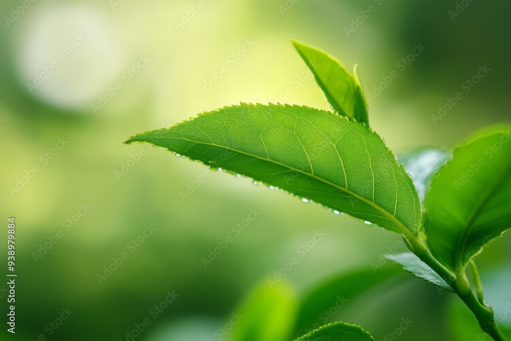 A green clean and transparent tea leaf, There are several blurred leaves in the background A green clean and transparent tea leaf, There are several blurred leaves in the background