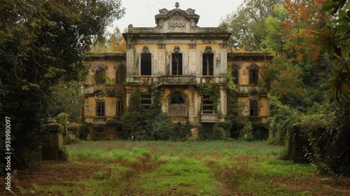 An old, neglected mansion is enveloped by thick greenery and fall foliage, showcasing its weathered beauty