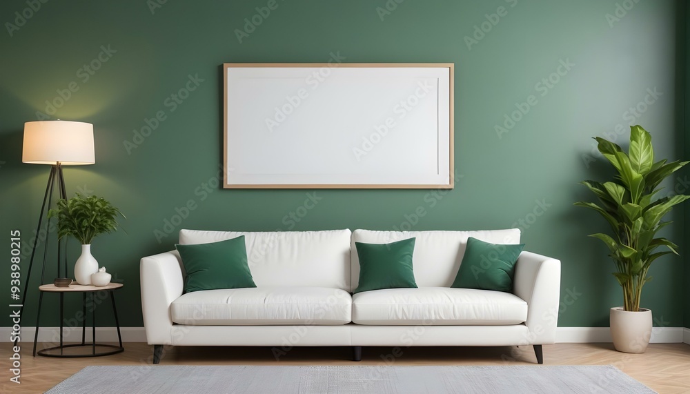 Interior mockup In a white room a blue sofa is placed next to a photo frame on the wall Interior mockup In a white room a blue sofa is placed next to a photo frame on the wall