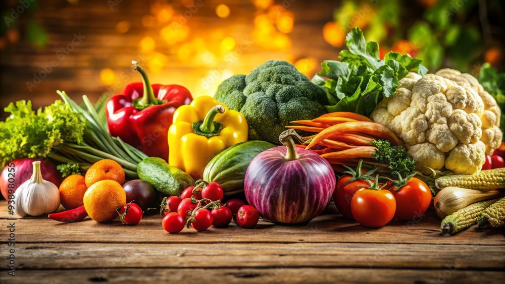 Vibrant close-up of crunchy vegetables and fruits arranged on a weathered wooden table, bathed in warm golden light, with shallow depth of field and contrasting textures Vibrant close-up of crunchy vegetables and fruits arranged on a weathered wooden table, bathed in warm golden light, with shallow depth of field and contrasting textures