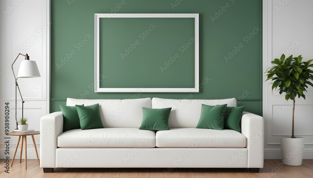 Interior mockup In a white room a blue sofa is placed next to a photo frame on the wall Interior mockup In a white room a blue sofa is placed next to a photo frame on the wall