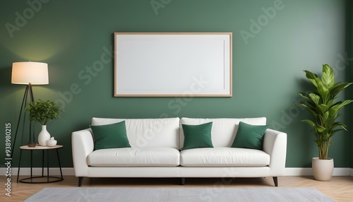 Interior mockup In a white room a blue sofa is placed next to a photo frame on the wall