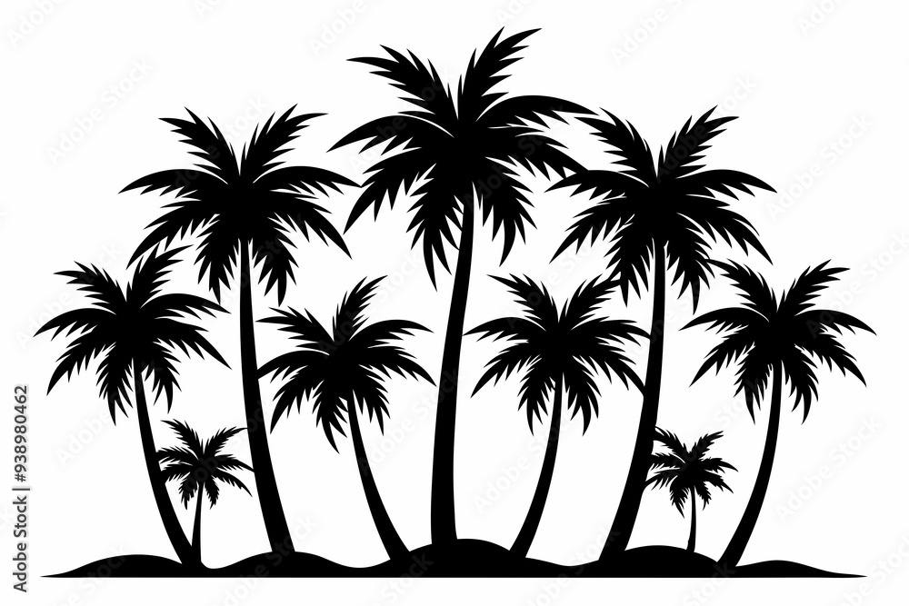 Set of palm trees silhouette art black and white vector illustration on white background generated by AI Set of palm trees silhouette art black and white vector illustration on white background generated by AI