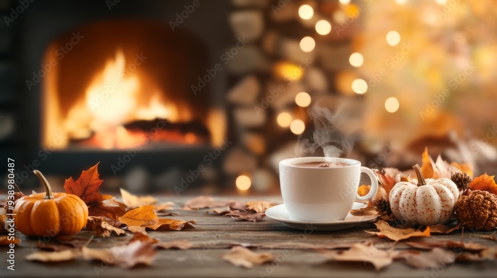 Fototapeta premium Cozy Autumn Vibes - Fireplace, Hot Chocolate, and Pumpkin Decorations Isolated on Solid Background for Seasonal Promotions