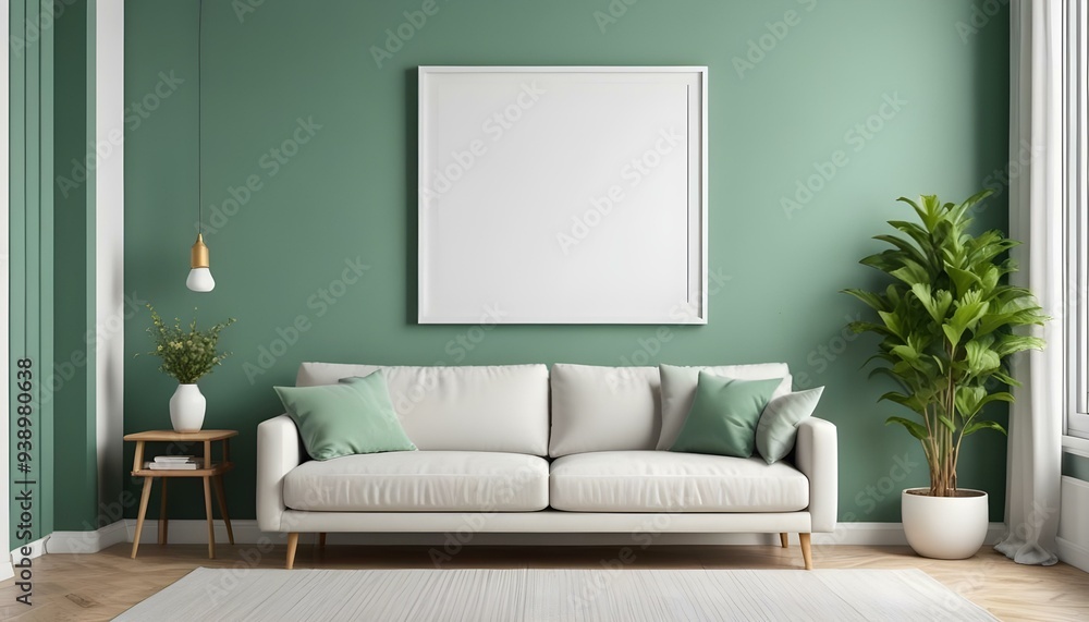 Interior mockup In a white room a blue sofa is placed next to a photo frame on the wall Interior mockup In a white room a blue sofa is placed next to a photo frame on the wall
