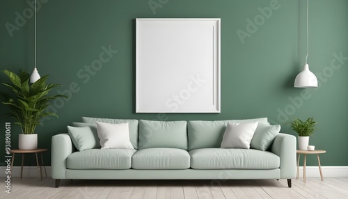 Interior mockup In a white room a blue sofa is placed next to a photo frame on the wall