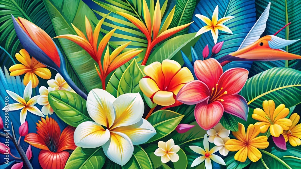 Vibrant, colorful, and intricate Hawaiian flowers in a stylized vector illustration, featuring plumeria, hibiscus, and bird of paradise blooms in a lush, tropical arrangement. Vibrant, colorful, and intricate Hawaiian flowers in a stylized vector illustration, featuring plumeria, hibiscus, and bird of paradise blooms in a lush, tropical arrangement.