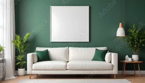 Interior mockup In a white room a blue sofa is placed next to a photo frame on the wall