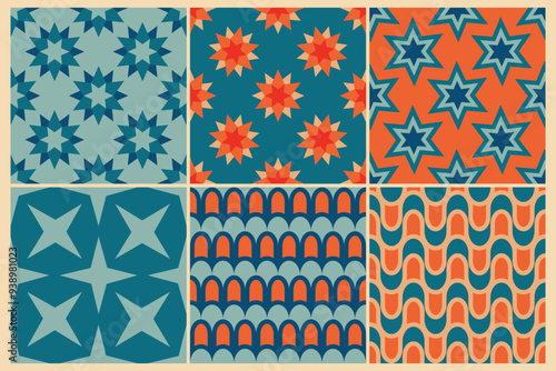 60s vintage retro seamless patterns. Vintage geometrical seamless backgrounds 50s and 60s