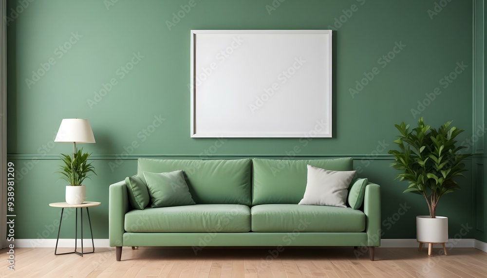 Interior mockup In a white room a blue sofa is placed next to a photo frame on the wall Interior mockup In a white room a blue sofa is placed next to a photo frame on the wall