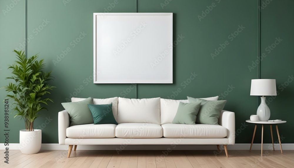 Interior mockup In a white room a blue sofa is placed next to a photo frame on the wall Interior mockup In a white room a blue sofa is placed next to a photo frame on the wall