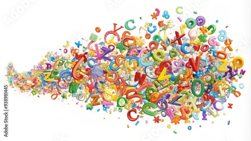 Vibrant colorful letters and symbols of different languages swirl together in a creative fusion, blending linguistic elements with artistic flair on a white background.