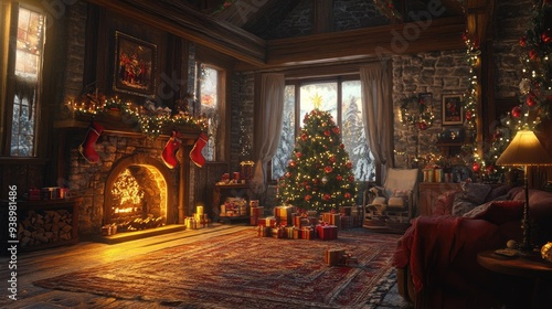 Cozy Christmas Cabin with a Decorated Tree and Fireplace photo