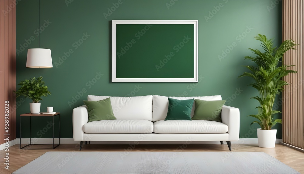 Interior mockup In a white room a blue sofa is placed next to a photo frame on the wall Interior mockup In a white room a blue sofa is placed next to a photo frame on the wall