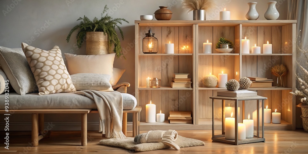 Fototapeta premium Vintage-inspired bookshelves stand tall against crisp Nordic scenes, illuminated by lanterns, with delicate glass vases and textured pillows, evoking coziness and elegance.