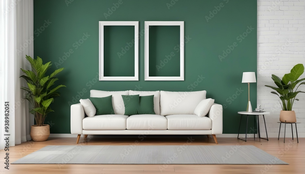 Interior mockup In a white room a blue sofa is placed next to a photo frame on the wall Interior mockup In a white room a blue sofa is placed next to a photo frame on the wall