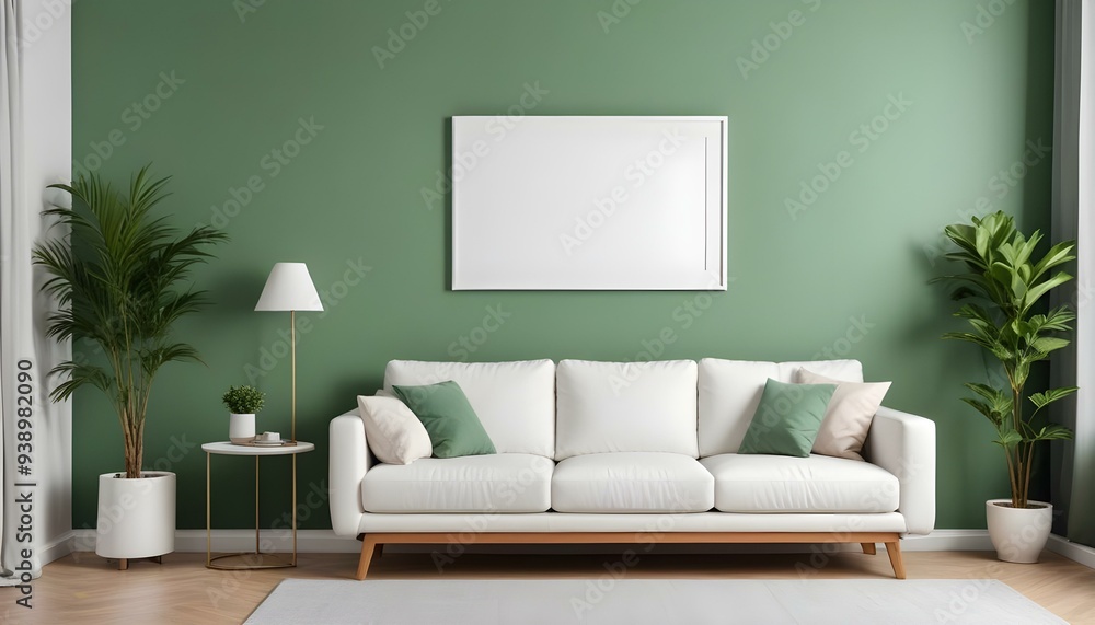 Interior mockup In a white room a blue sofa is placed next to a photo frame on the wall Interior mockup In a white room a blue sofa is placed next to a photo frame on the wall