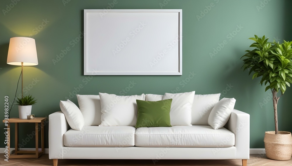 Interior mockup In a white room a blue sofa is placed next to a photo frame on the wall Interior mockup In a white room a blue sofa is placed next to a photo frame on the wall