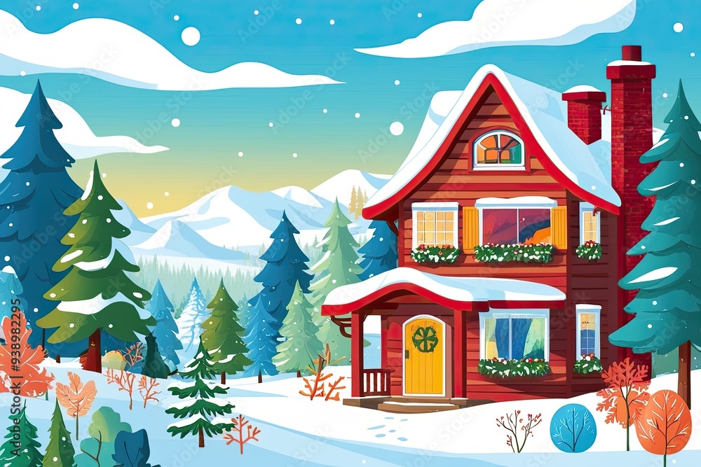 Naklejka premium Vibrant Animated Winter Nature Scene with Playful Colors and Joyful Landscapes