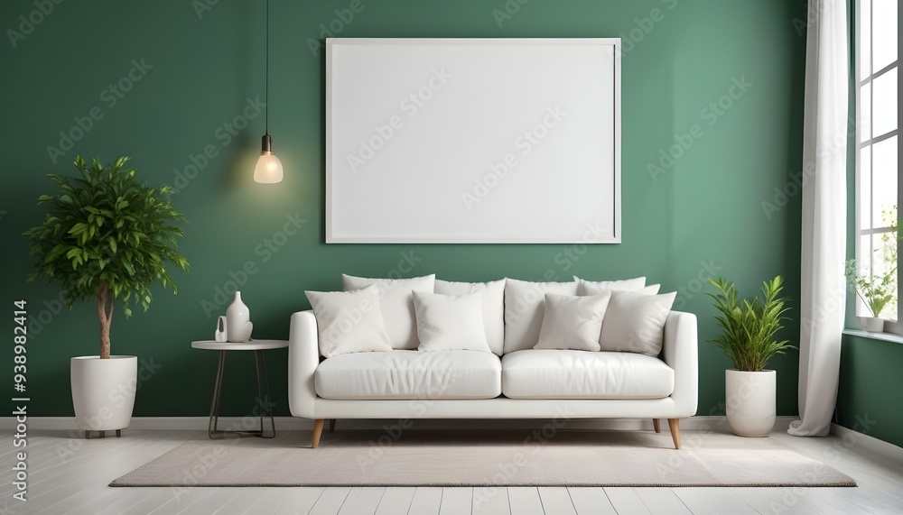 Interior mockup In a white room a blue sofa is placed next to a photo frame on the wall Interior mockup In a white room a blue sofa is placed next to a photo frame on the wall
