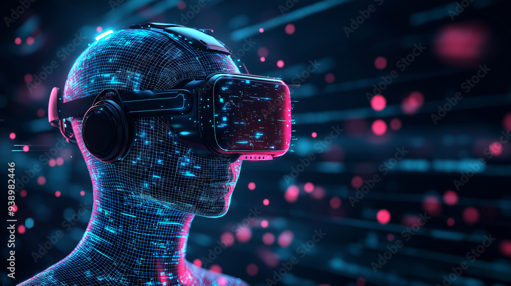 Futuristic Virtual Reality Experience - Digital Human Wearing VR Headset Futuristic Virtual Reality Experience - Digital Human Wearing VR Headset