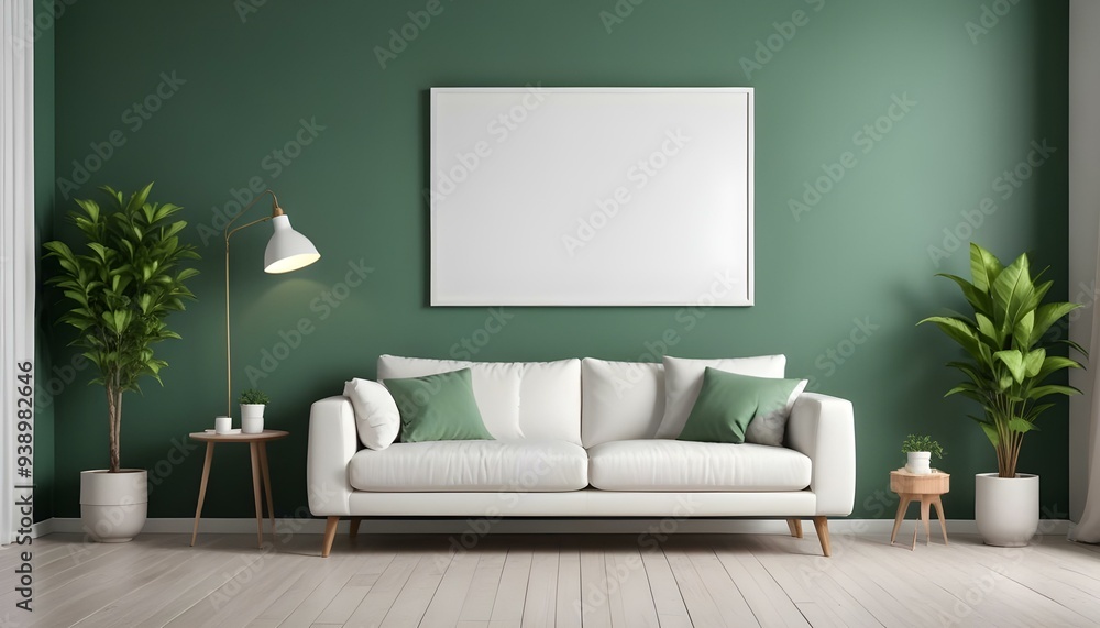 Interior mockup In a white room a blue sofa is placed next to a photo frame on the wall Interior mockup In a white room a blue sofa is placed next to a photo frame on the wall