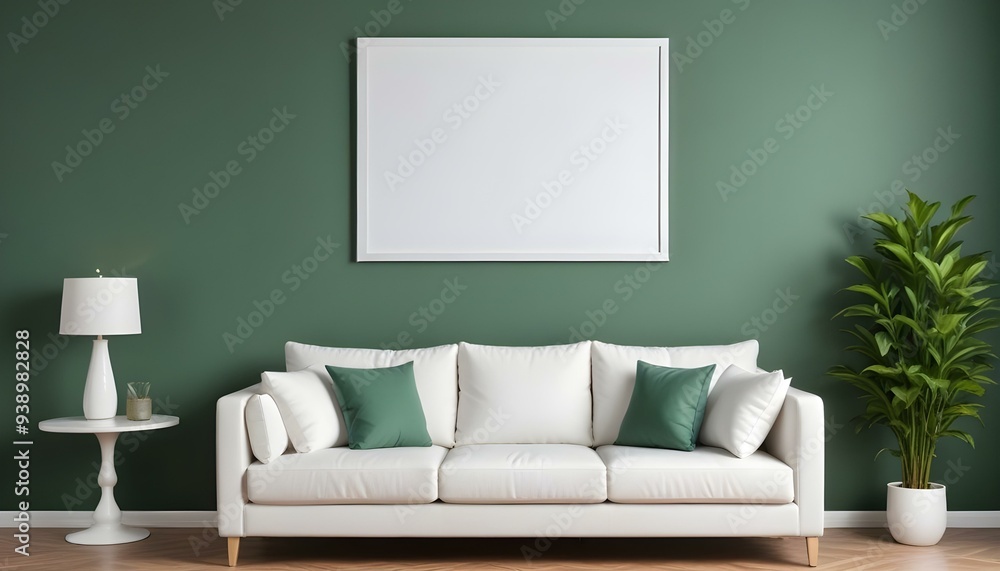 Interior mockup In a white room a blue sofa is placed next to a photo frame on the wall Interior mockup In a white room a blue sofa is placed next to a photo frame on the wall