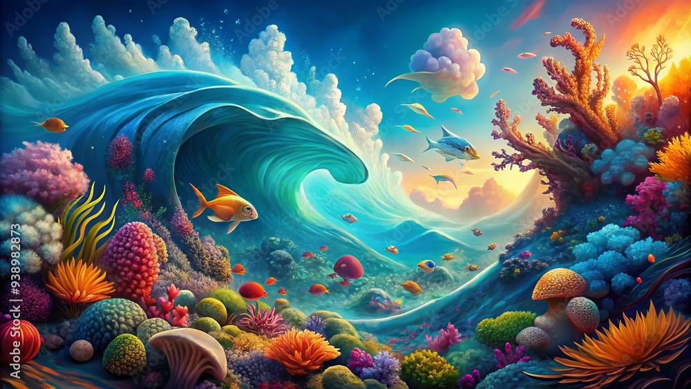 Vibrant digital art depicts a stylized ocean scene with swirling waves, sea creatures, and coral reef, set against a bright blue and turquoise gradient background. Vibrant digital art depicts a stylized ocean scene with swirling waves, sea creatures, and coral reef, set against a bright blue and turquoise gradient background.