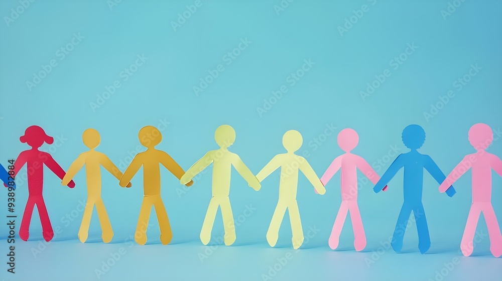A chain of colorful paper cut out humans holding hands on a blue studio background. Row of diverse people help, family union connection A chain of colorful paper cut out humans holding hands on a blue studio background. Row of diverse people help, family union connection