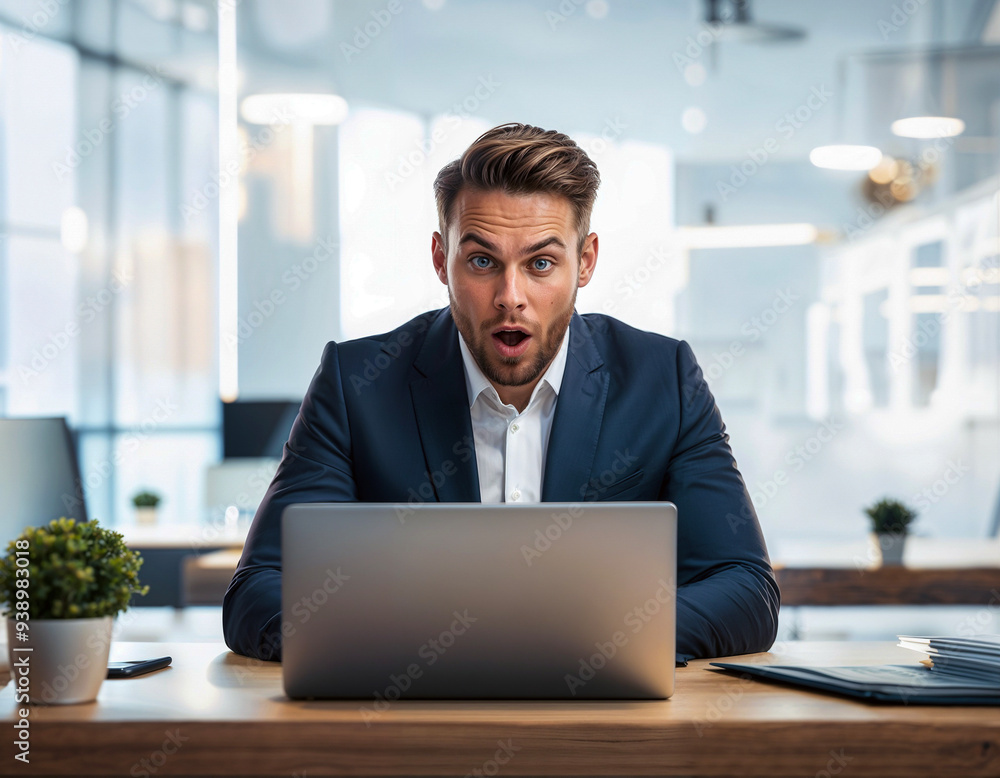man working on a laptop has a look of amazement on his face man working on a laptop has a look of amazement on his face