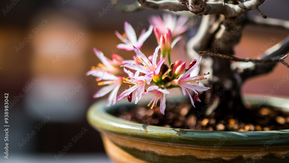 Bonsai tree with blooming flowers in a ceramic pot and soft focus Bonsai tree with blooming flowers in a ceramic pot and soft focus